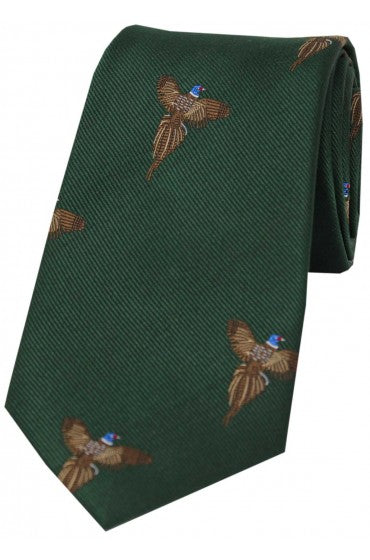 The Shooting Tie: Flying Pheasants on Forest Green