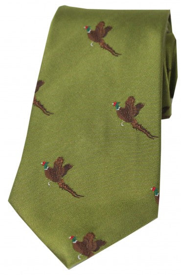 The Shooting Tie: Flying Pheasants on Moss Green