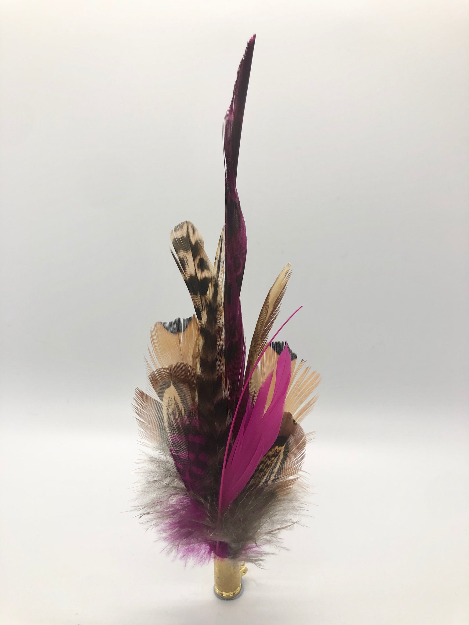 Harris End Feather Pin: Natural, Plum & Fuchsia